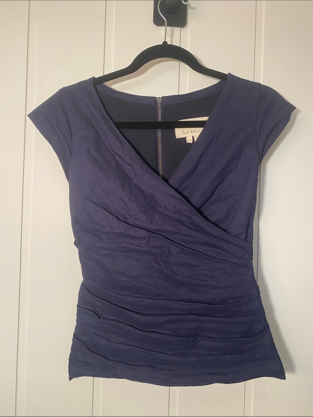 Nicole Miller Deep Navy Wrap-Style Ruched Sleveless Top